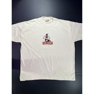 Vintage Looney Tunes Sylvester Embroidered Tshirt 1995 Single Stitch Cream‎
